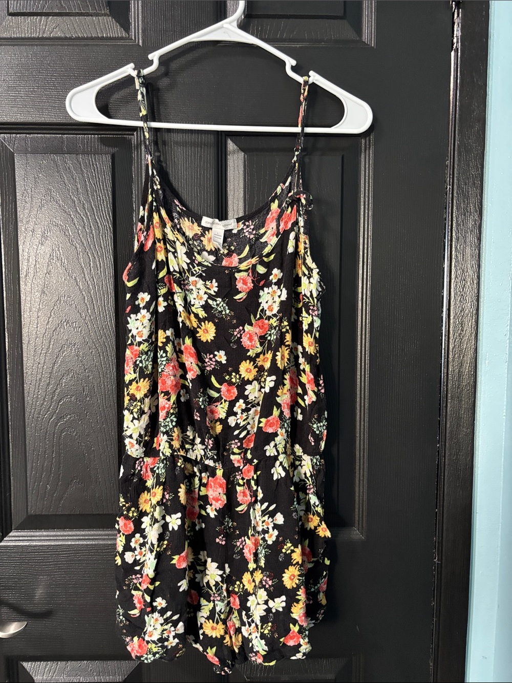 Ambiance Black Floral Spaghetti Strap Romper with Red, Yellow & White Blooms